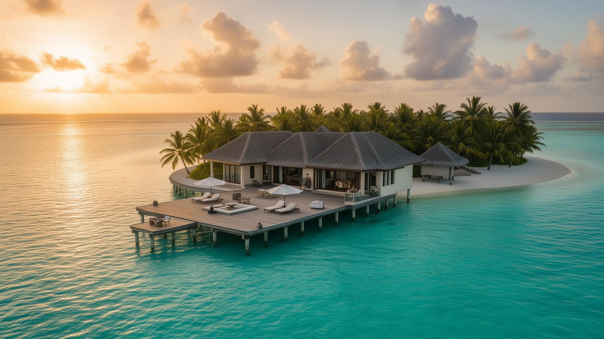 Overwater villa in the Maldives at sunset